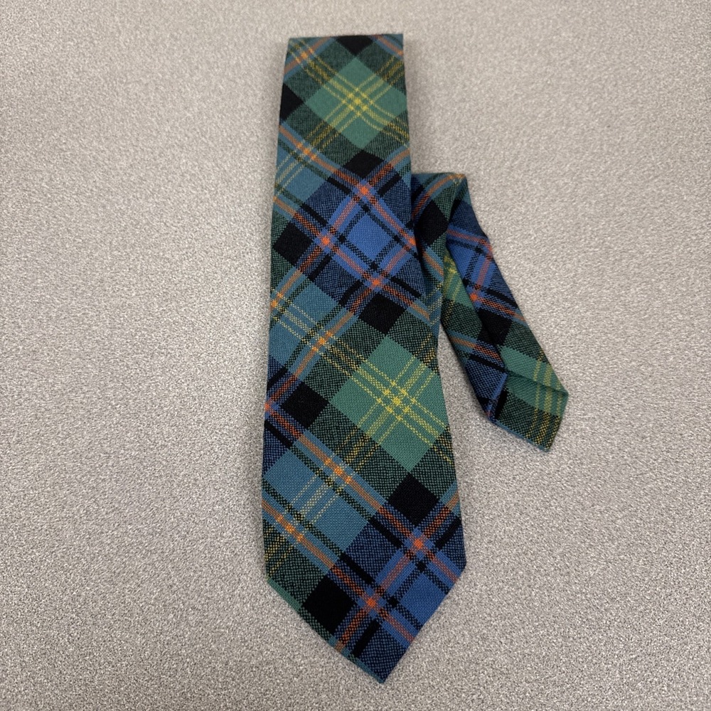 Vtg Made in Scotland 100% New Wool Watson Plaid Green Blue Yellow Orange Necktie